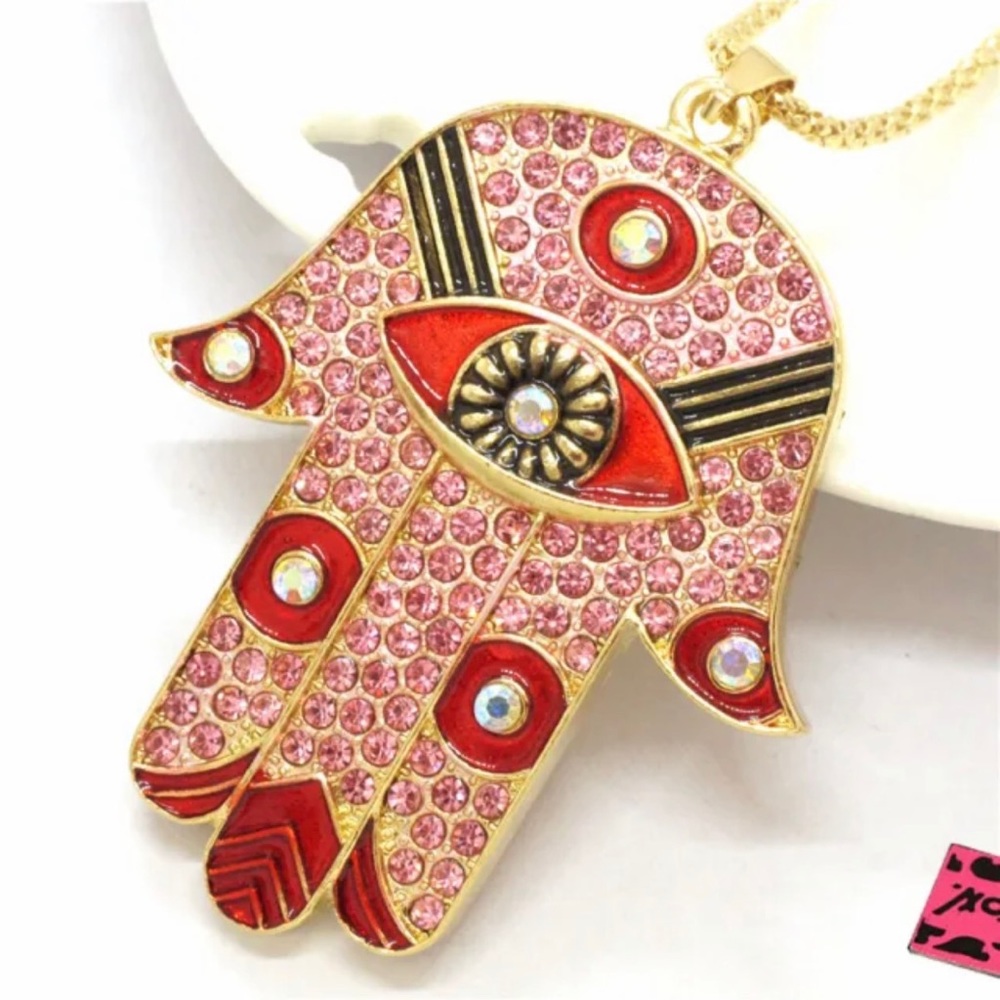 Hamsa Eye Red & Pink Enamel & Crystal Crystal Necklace with lobster clasp - Picture 3 of 5